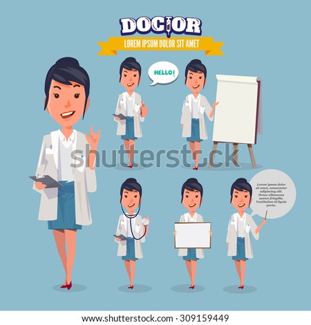 Smart doctor presenting in various action. character design. doctor and healthcare concept - vector illustration