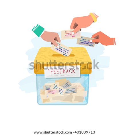 Hand inserting paper of feedback in to box. feedback and suggestion box concept - vector illustration