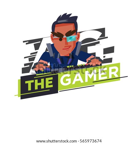 Gamer logo, hardcore gamer character design playing game by personal computer. computer mouse and keyboard. gamer concept - vector illustration