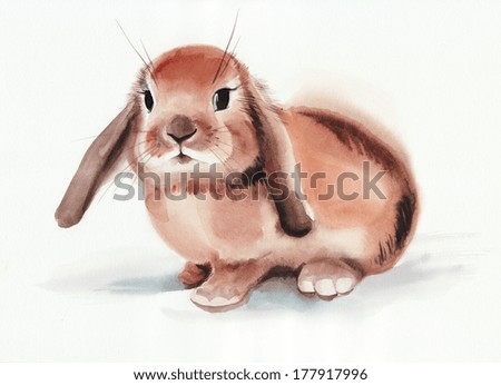 Cute brown rabbit isolated on white background. Original watercolor painting.