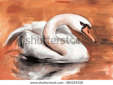 Swan on the water surface original watercolor painting. Hi-res image.