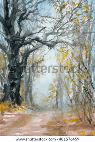 Autumn misty forest with a path and wet air perspective. Original watercolor painting.