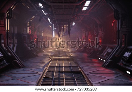 Sci-Fi grunge damaged metallic corridor background illuminated with neon lights 3d render Stock fotó © 