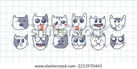 Doodle cat emoticons. Happy cartoon pets with big kawaii eyes, cute emotions of home animals, vector illustration of loving and smiling kittens