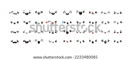 Various Cartoon Emoticons Set. Doodle faces, eyes and mouth. Caricature comic expressive emotions, smiling, crying and surprised character face expressions. Isolated vector illustration icons set