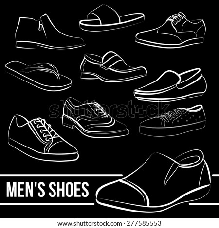 Vector set of men's shoes painted lines in minimalist style on a black background