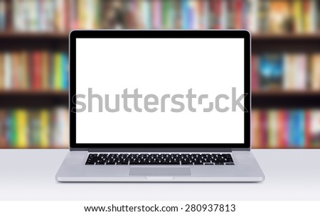 Front view of modern laptop mockup with white blank screen on the office desk. Office room on the background.