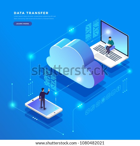 Isometric flat design concept cloud technology data transfer and storage. Connecting information. Vector illustrations.