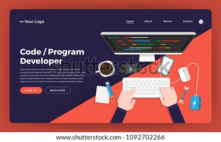 Mock-up design website flat design concept coding and programming developer.  Vector illustration.