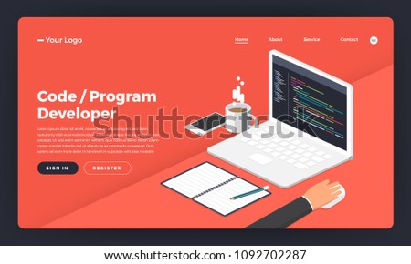 Mock-up design website flat design concept coding and programming developer.  Vector illustration.