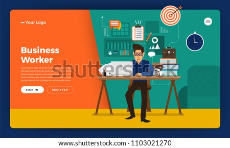 Mock-up design website flat design concept working hours worker in office place.  Vector illustration.