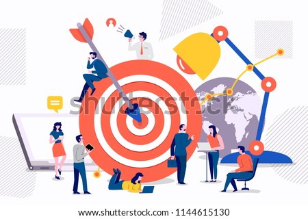 Flat design concept teamwork to build organizational success By setting the right marketing target. Vector illustrations.