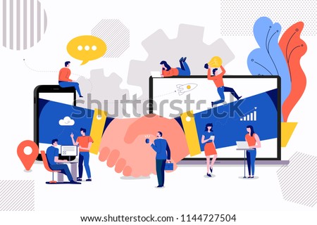 Illustrations concept small people creating value of partner business. via handshake deal between company. Vector illustrate.