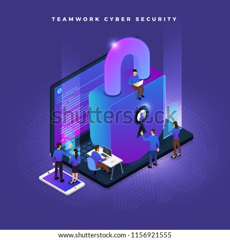 Business teamwork of small peoples working concept cyber security data and computer. Vector isometricillustrations.