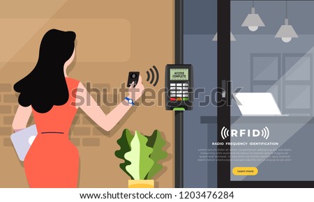 Radio frequency identification illustrations concept. RFID Technology present via business woman access card for open the door to office space. Vector illustrations.