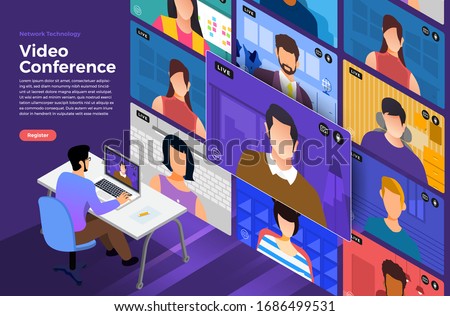 Illustrations flat design concept video conference. online meeting work form home. Vector illustrate.