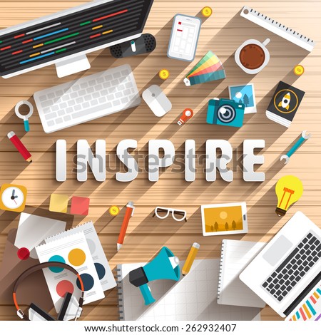 Vector top view of desk prepare working for text INSPIRE. Flat design illustration.