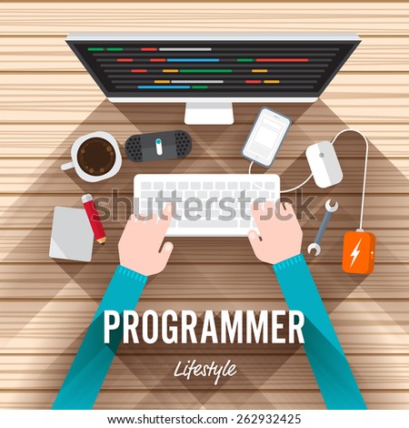 Top view element programmer flat design on wood background. Vector illustrate for article shopping online.