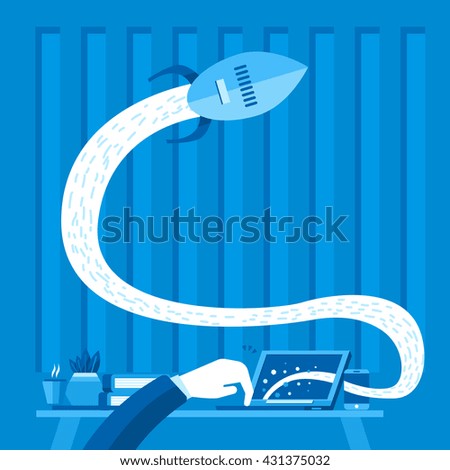 Startup company concept illustrator. Vector illustration startup by hand click button drive business growth same rocket flying to sky.