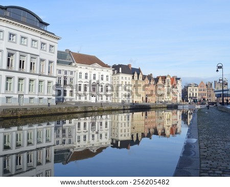 Ancient houses near the river Leie in Ghent Belgium