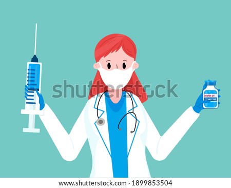 Treatment of Covid-19, bottle of vaccine in doctor hands. White medical professional in protection mask with syringe ready to make injection off corona. Coronavirus Vaccination for immunity health.