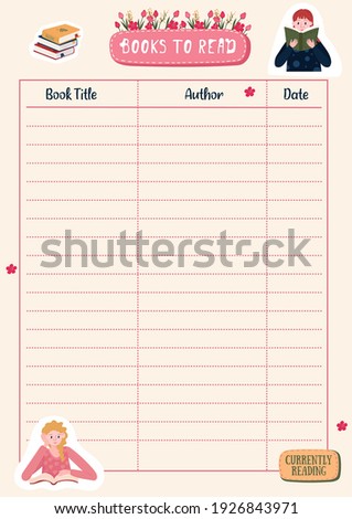 Books to Read List. Printable reading plan for education for children or student. Paper plan with stickers. 