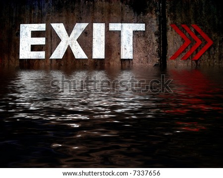 A grungy old wall with exit sign and arrows painted just above water level