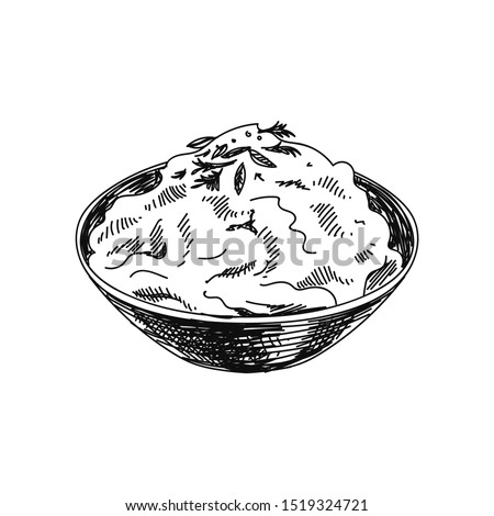 Mashed potato hand drawn vector illustration. Main course, traditional dish. Sketch design element isolated on white background. Vegetarian meal. Cooked potato in bowl ink pen freehand drawing