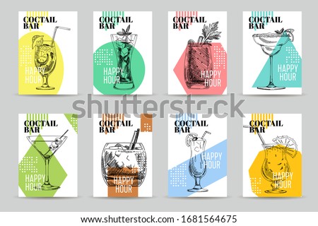 Happy hour cocktail bar menu design template, hand drawn retro vector illustration. Set of labels cards alcoholic beverages, vintage-style sketch isolated on white background.