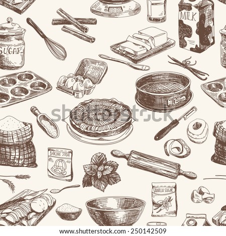 Vector seamless patten. Vintage Illustration with milk, sugar, flour, vanilla, eggs, mixer, baking powder, rolling, whisk, spoon vanilla bean, butter and kitchen dish.