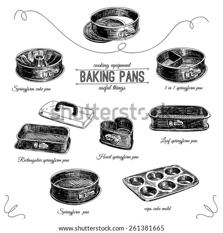 Vector hand drawn set with bakery pans. Vintage illustration. Baking Tools. Retro collection.