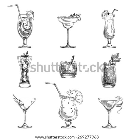 Vector hand drawn set of cocktails and alcohol drinks. Sketch. ストックフォト © 