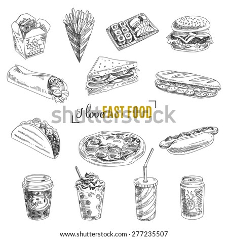 Vector set of fast food. Vector illustration in sketch style. Hand drawn design elements.