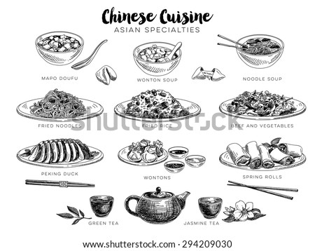 Vector hand drawn illustration with chinese food. Sketch.