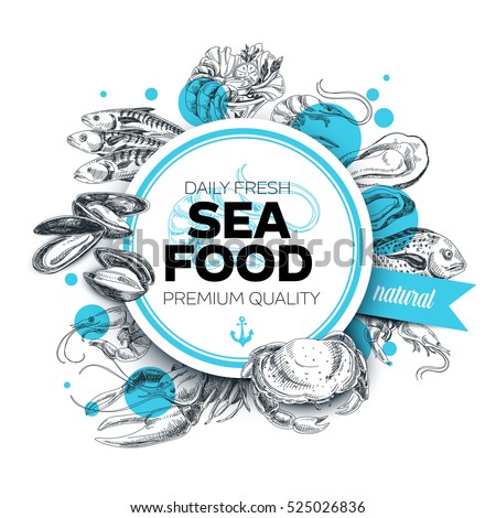 Vector hand drawn sea food Illustration. Vintage style. Retro sketch background. Template