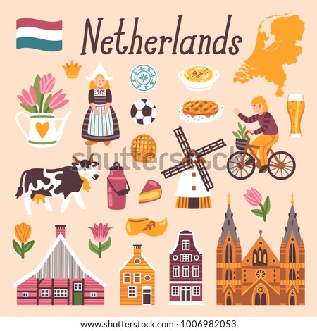 Vector icon set of Netherlands's symbols. Travel illustration with dutch landmarks, people,traditional holland food, building. ストックフォト © 