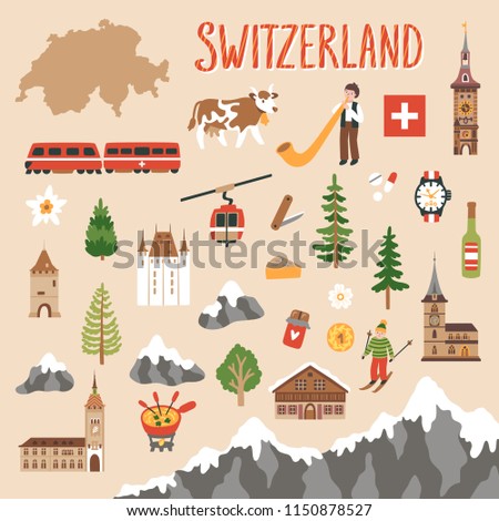 Vector icon set of Switzerland's symbols. Travel illustration with Swiss landmarks, mountain, people and symbols. 