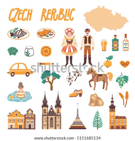 Vector icon set of Czech Republic's symbols. Travel illustration with Czech landmarks, people, food and symbols. 