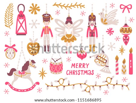 Vector Christmas set with nutcracker, princess, soldier, rocking horse, horn, drum and Christmas ornaments. Holiday collection with cute cartoon characters. Vintage Christmas toys and decoration.