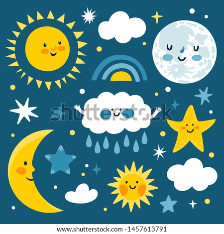 Vector cute set of night icons: full moon, sun, clouds, stars and sparkles. Sticker collection with smiling moon. Night background with cozy elements. Bedtime stories. Children background.