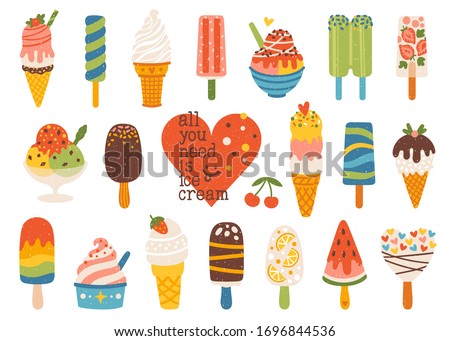 Set of cute summer icons: different ice cream, popsicles, fruit ice and ice cream truck. Bright summertime poster with sweet food. Collection of scrapbooking elements for summer party.