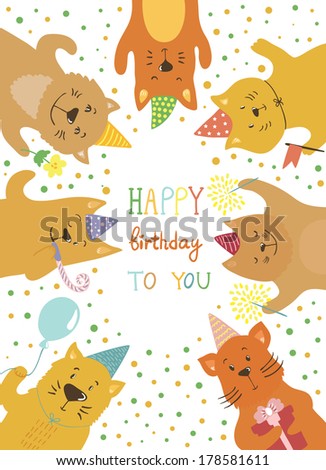 Vector holiday card with cute cats and text 
