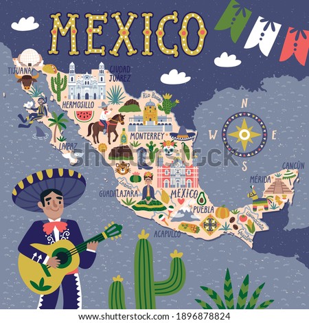 Vector stylized map of Mexico. Travel illustration with Mexican landmarks, people, food, and animals. Illustrated map of Mexico.