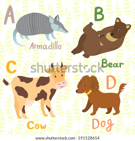 Vector Animal Alphabet With Cute Cartoon Characters: Armadillo, Bear ...