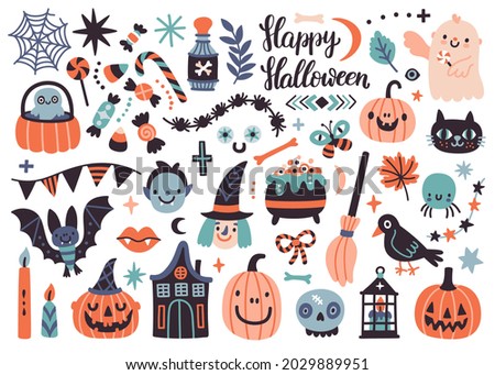 Vector set of handwritten text 'Happy Halloween' and cute Halloween icons: ghosts, bats, pumpkin, Halloween candies, spiders. Doodle collection with holiday decorations. Funny Halloween greeting card.