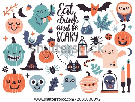 Vector set with handwritten text 'Eat, drink and be scary' and cute Halloween icons: ghosts, bat, pumpkins, Halloween candles. Doodle collection with holiday decorations. Funny Halloween greeting card