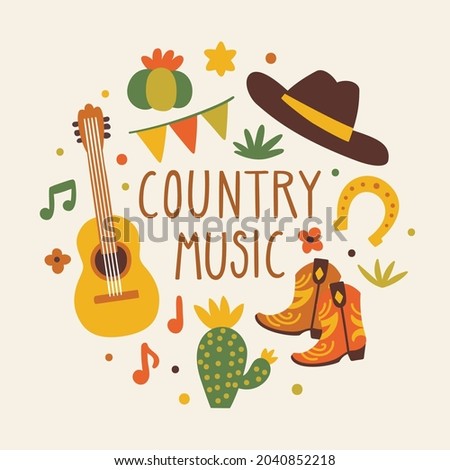 Vector background with guitar, cowboy boots and hat, cactuses, and text 