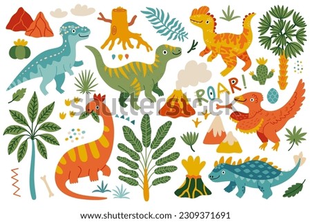 Vector set of 6 cute dinosaurs: Ankylosaurus, Velociraptor, Iguanodon, Pachycephalosaurus, Diplodocus, Dilophosaurus. Kids cartoon characters with palm trees, volcanoes, dino footprints and bones.