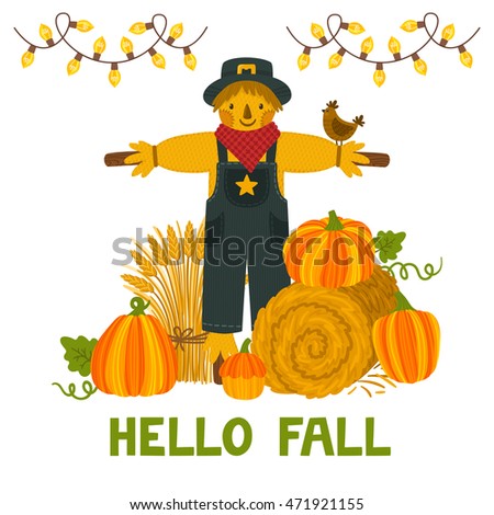 Vector autumn background with pumpkins, hay bale, wheat sheaf, scarecrow and text 