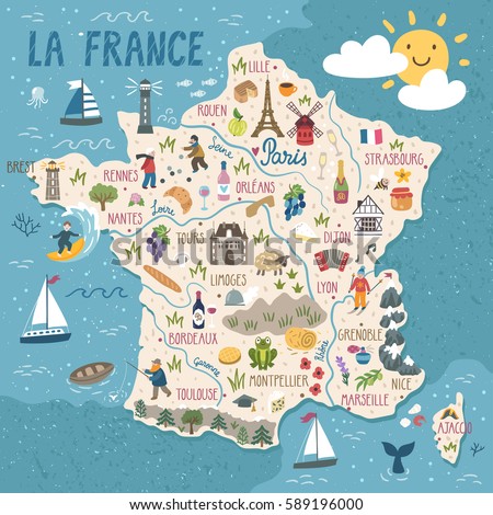 Vector stylized map of France. Travel illustration with french landmarks, people, food and animals. 